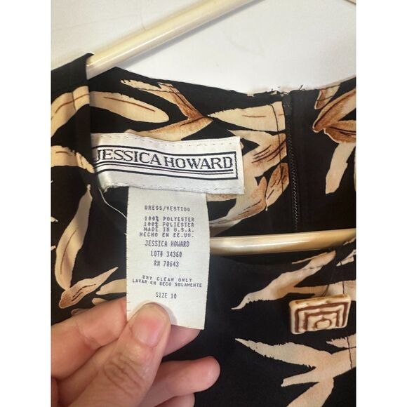 Jessica Howard Vintage Black Leaf Print Midi Shift Dress Size 10 USA - Picture 2 of 5
